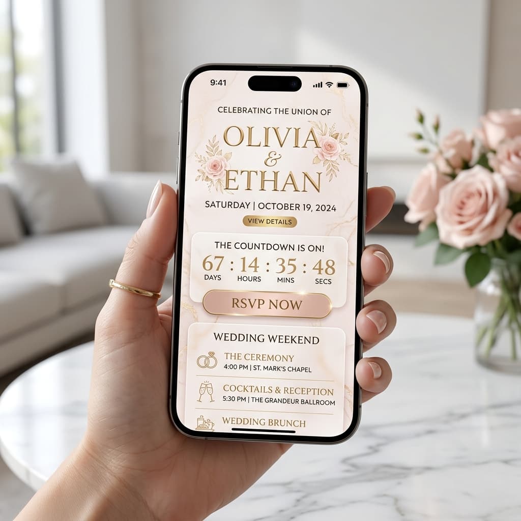 Invitación de boda digital en el móvil con confirmaciones de invitados y plano de mesas de Bodaria